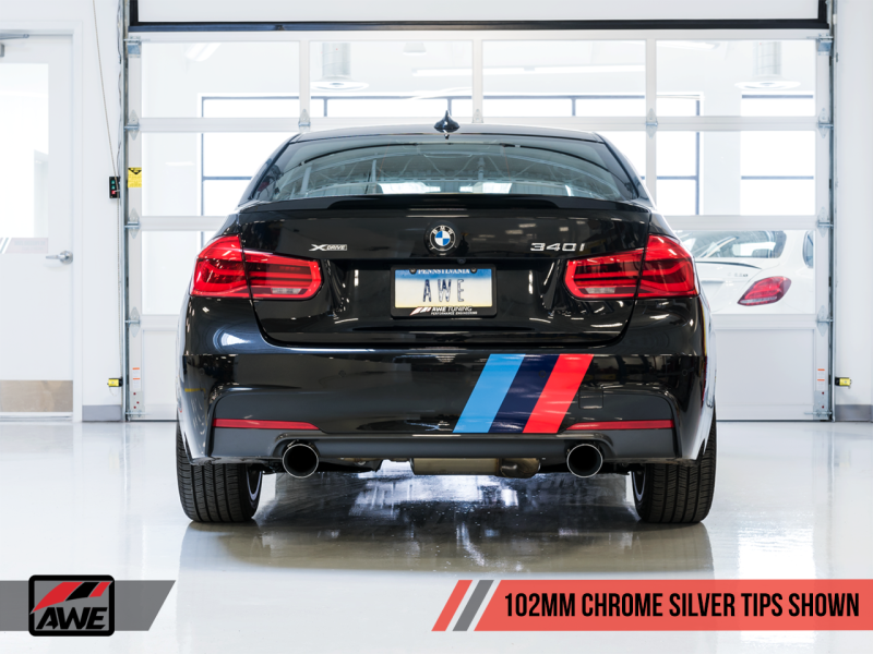 AWE Tuning BMW F3X 340i Touring Edition Axle-Back Exhaust - Chrome Silver Tips (102mm)