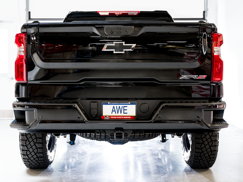 AWE Tuning 22-23 GMC Sierra 1500 AT4X 6.2L 0FG Catback Split Dual (Flat Bumper) - Bashguard(No Tips)